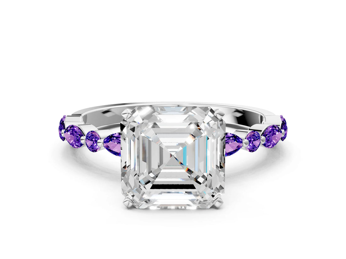 White gold Asscher Cut Diamond Ring with Marquise and Round with Tanzanite side stone Side Stones and Four-Prong Setting_6