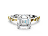 White gold Asscher Cut Diamond Ring with Marquise and Round with Yellow Sapphire side stone Side Stones and Four-Prong Setting_24