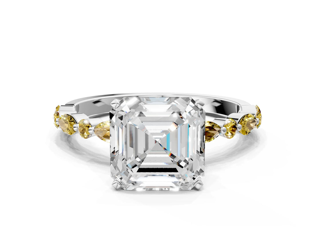 White gold Asscher Cut Diamond Ring with Marquise and Round with Yellow Sapphire side stone Side Stones and Four-Prong Setting_36