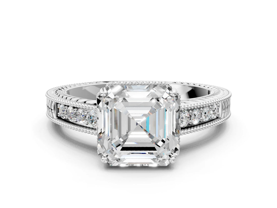 White gold Asscher Cut Diamond Ring with Milgrain Pavé Band and Four-Prong Setting_20