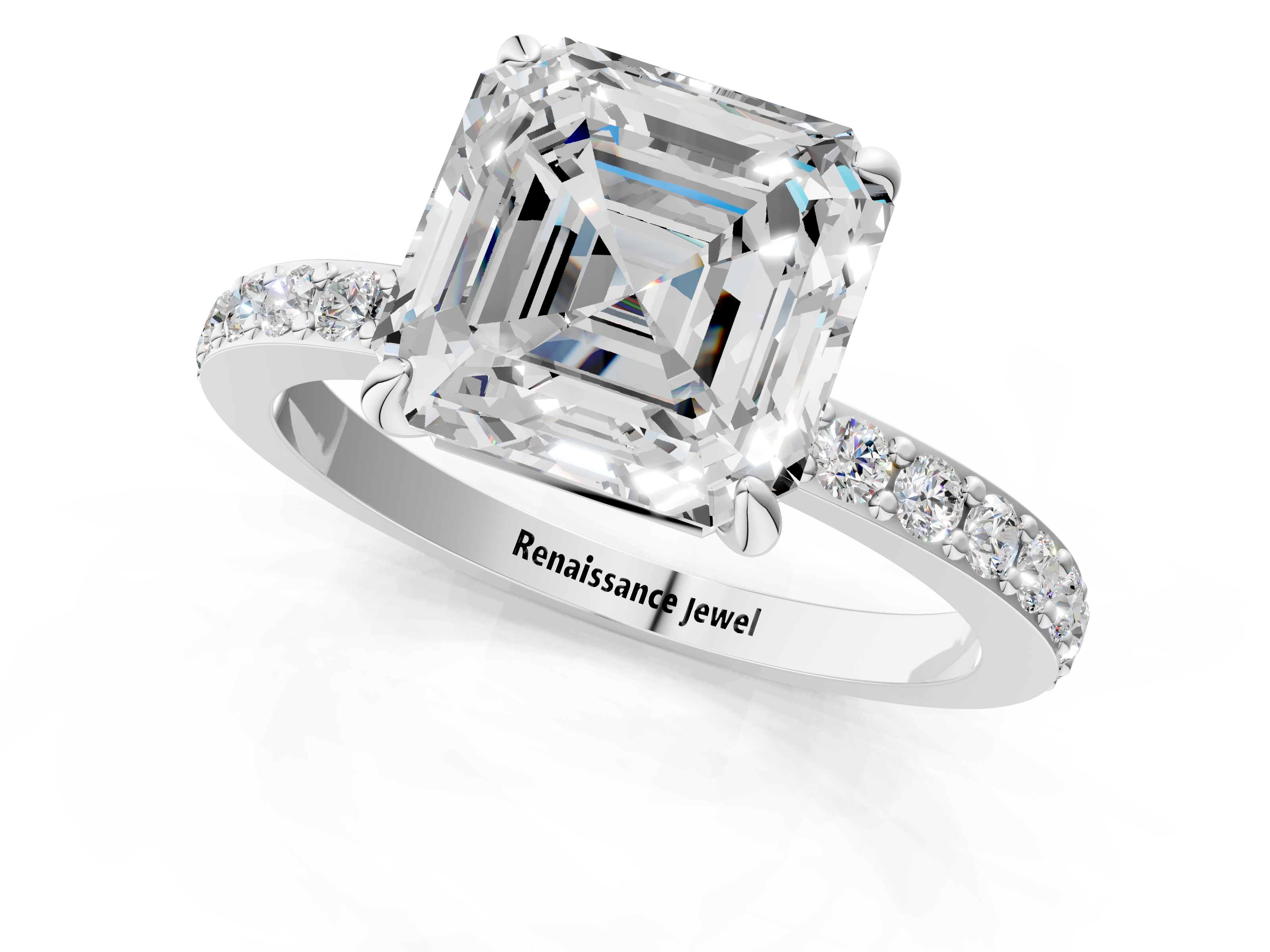 White gold Asscher Cut Diamond Ring with Pavé Band and Four-Prong Setting_31
