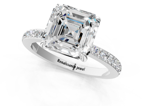 White gold Asscher Cut Diamond Ring with Pavé Band and Four-Prong Setting_31