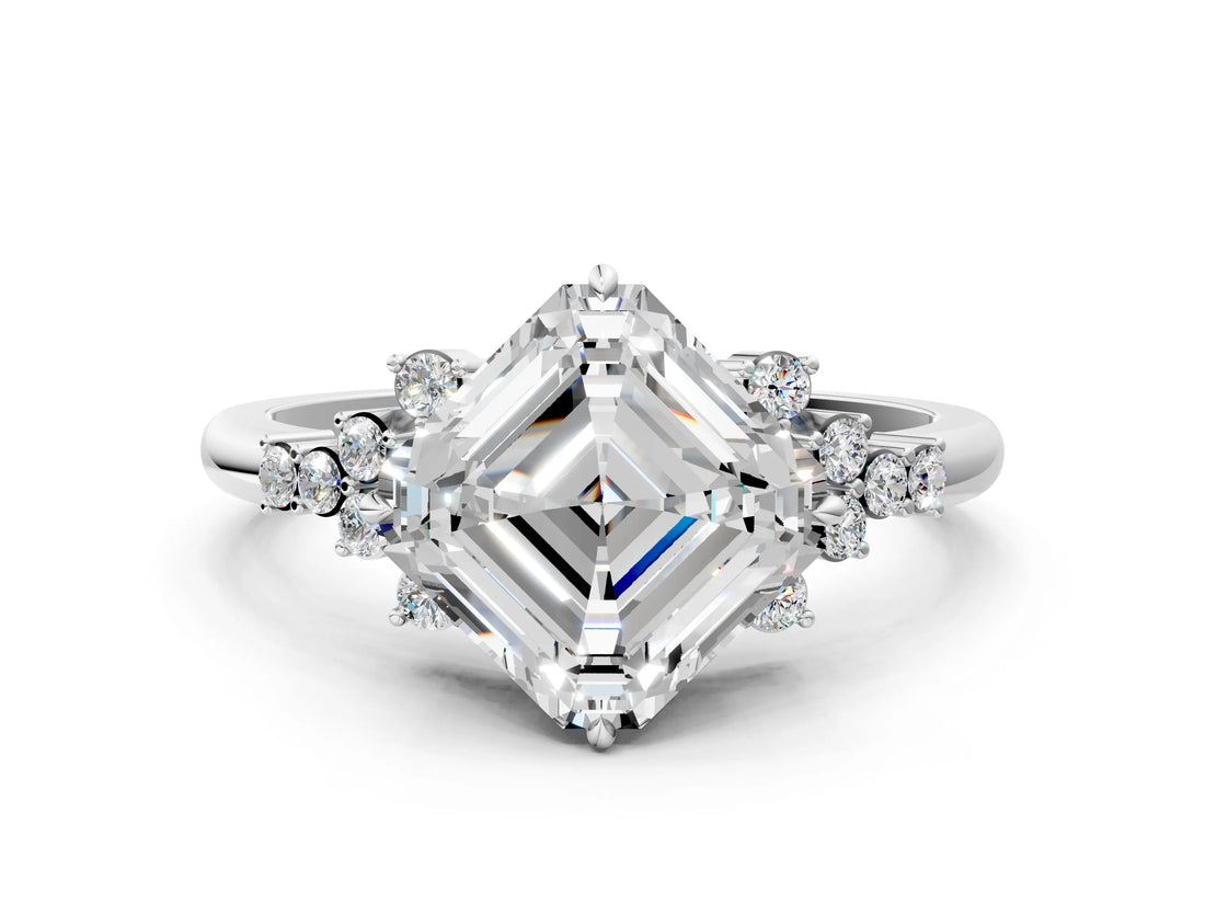 White gold Asscher Cut Diamond Ring with Side Stones and Four-Prong Setting_64