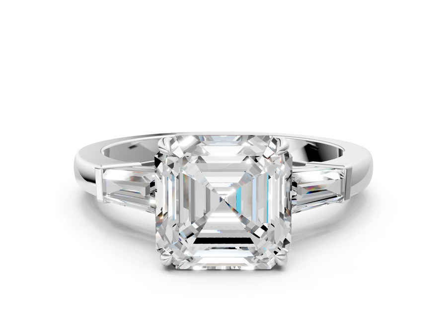 White gold Asscher Cut Diamond Ring with Tapered Baguette Side Stones in Four-Prong Setting