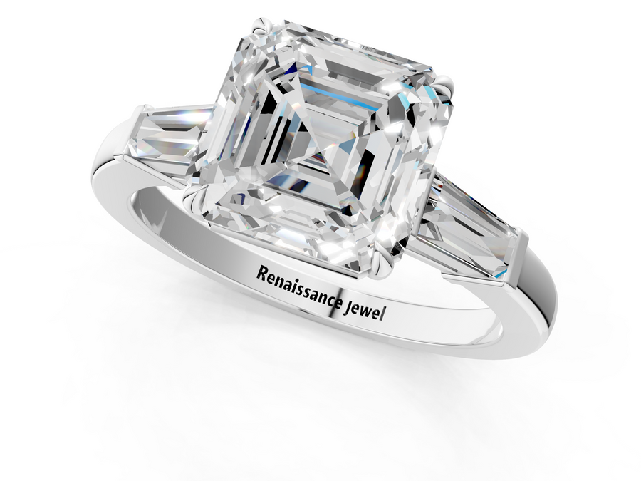 White gold Asscher Cut Diamond Ring with Tapered Baguette Side Stones in Four-Prong Setting