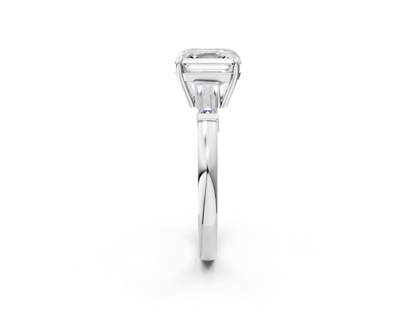 White gold Asscher Cut Diamond Ring with Tapered Baguette Side Stones in Four-Prong Setting
