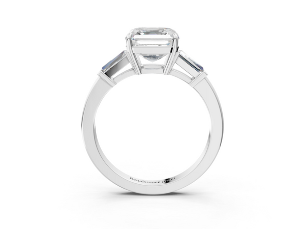 White gold Asscher Cut Diamond Ring with Tapered Baguette Side Stones in Four-Prong Setting