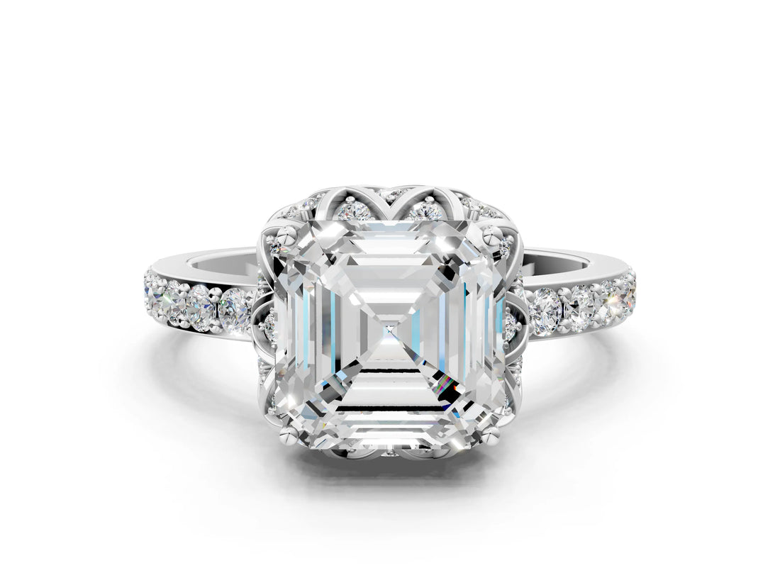 White gold Asscher Cut Diamond Scalloped Halo Engagement Ring with Round Shared Prong Band_12