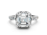 White gold Asscher Cut Diamond Scalloped Halo Engagement Ring with Round Shared Prong Band_12