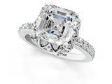 White gold Asscher Cut Diamond Scalloped Halo Engagement Ring with Round Shared Prong Band_13