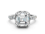 White gold Asscher Cut Diamond Scalloped Halo Engagement Ring with Round Shared Prong Band_24