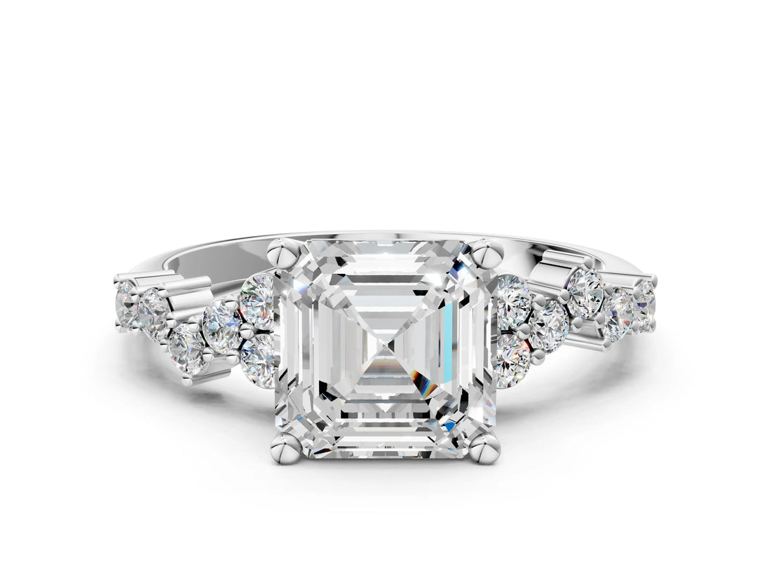 White gold Asscher Cut Diamond Scattered Round Accent Ring with Prong Setting_18