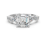 White gold Asscher Cut Diamond Scattered Round Accent Ring with Prong Setting_30