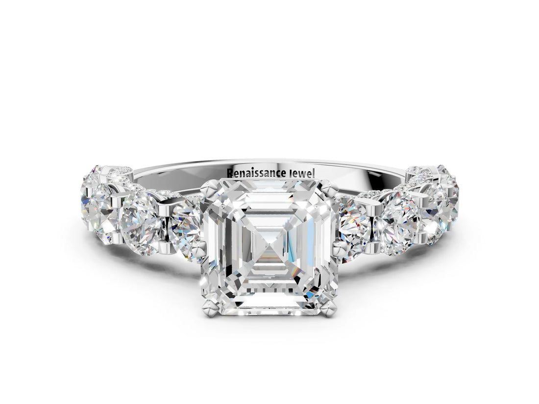 White gold Asscher Cut Diamond Side Stone Engagement Ring with Four-Prong Setting_36