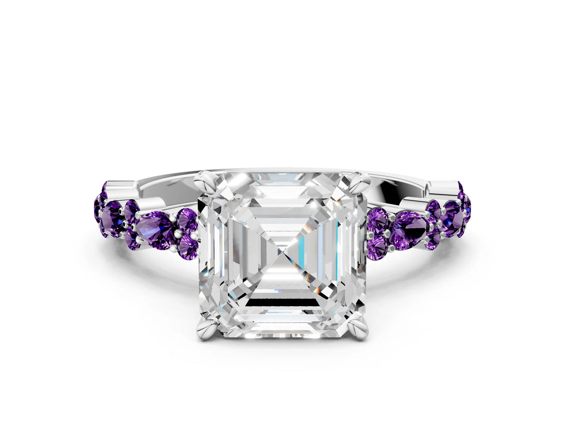 White gold Asscher Cut Diamond Side Stone Solitaire Ring with Round with Amethyst side stone and Four-Prong Setting_12
