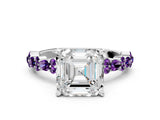 White gold Asscher Cut Diamond Side Stone Solitaire Ring with Round with Amethyst side stone and Four-Prong Setting_12