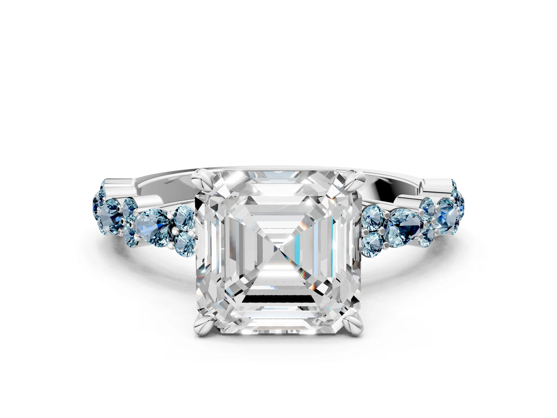 White gold Asscher Cut Diamond Side Stone Solitaire Ring with Round with Aquamarine side stone and Four-Prong Setting