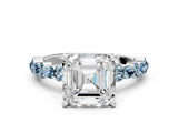 White gold Asscher Cut Diamond Side Stone Solitaire Ring with Round with Aquamarine side stone and Four-Prong Setting