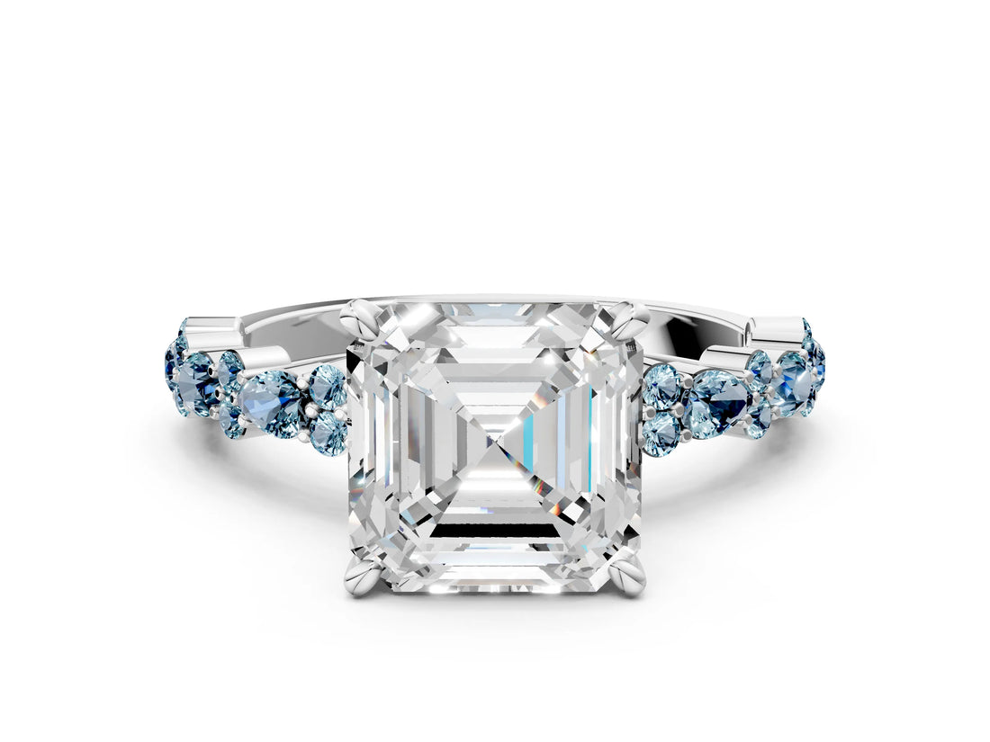 White gold Asscher Cut Diamond Side Stone Solitaire Ring with Round with Aquamarine side stone and Four-Prong Setting_12