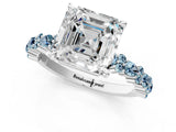 White gold Asscher Cut Diamond Side Stone Solitaire Ring with Round with Aquamarine side stone and Four-Prong Setting_24