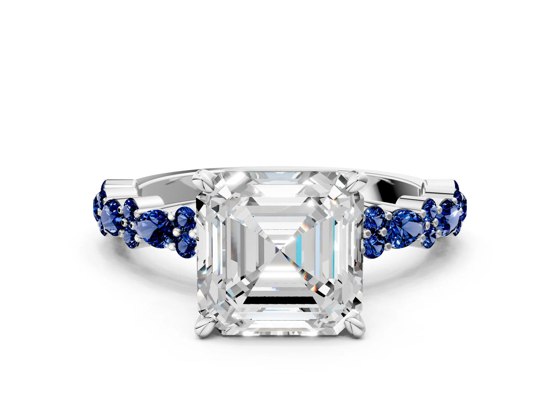 White gold Asscher Cut Diamond Side Stone Solitaire Ring with Round with Blue Sapphire side stone and Four-Prong Setting