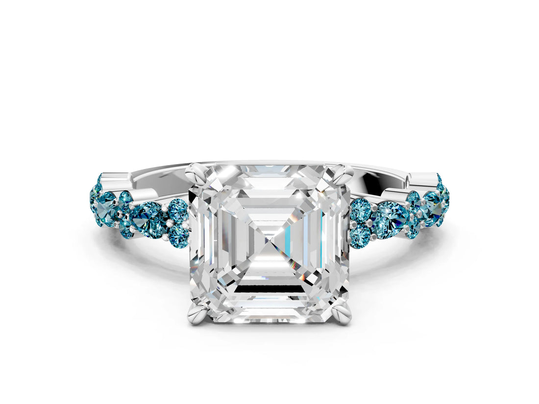 White gold Asscher Cut Diamond Side Stone Solitaire Ring with Round with Blue Topaz side stone and Four-Prong Setting