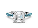 White gold Asscher Cut Diamond Side Stone Solitaire Ring with Round with Blue Topaz side stone and Four-Prong Setting