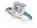 White gold Asscher Cut Diamond Side Stone Solitaire Ring with Round with Blue Topaz side stone and Four-Prong Setting_1