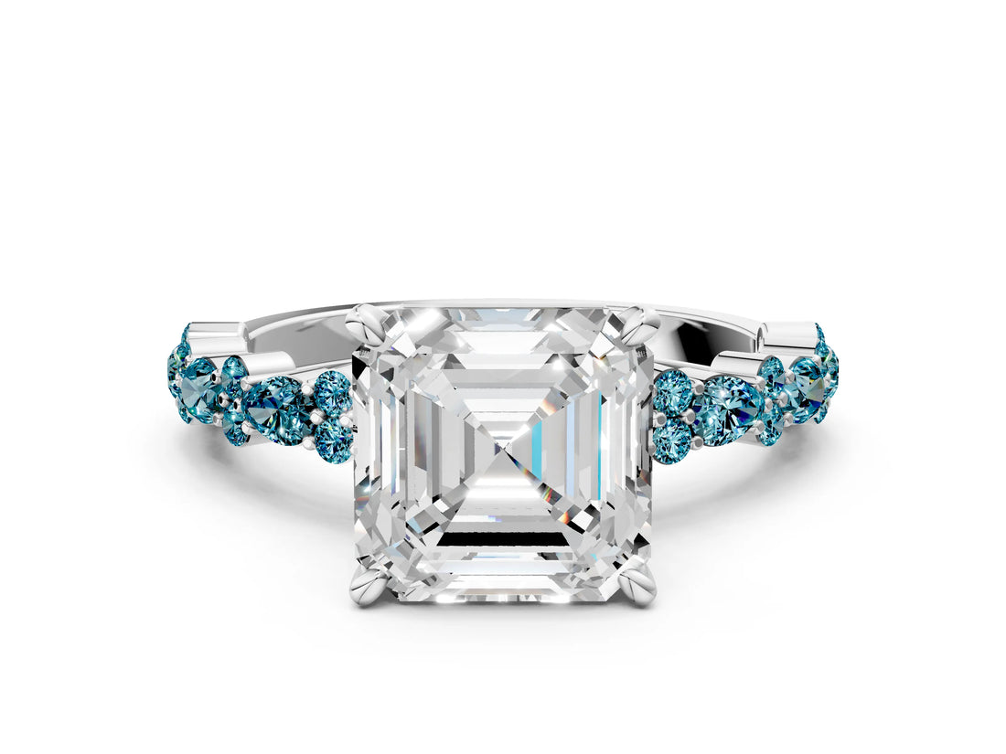 White gold Asscher Cut Diamond Side Stone Solitaire Ring with Round with Blue Topaz side stone and Four-Prong Setting_12