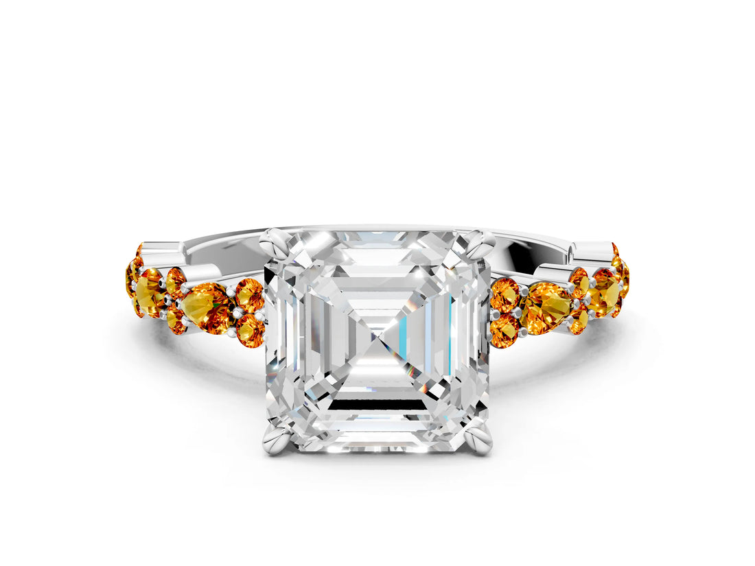 White gold Asscher Cut Diamond Side Stone Solitaire Ring with Round with Citrine side stone and Four-Prong Setting