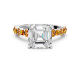 White gold Asscher Cut Diamond Side Stone Solitaire Ring with Round with Citrine side stone and Four-Prong Setting