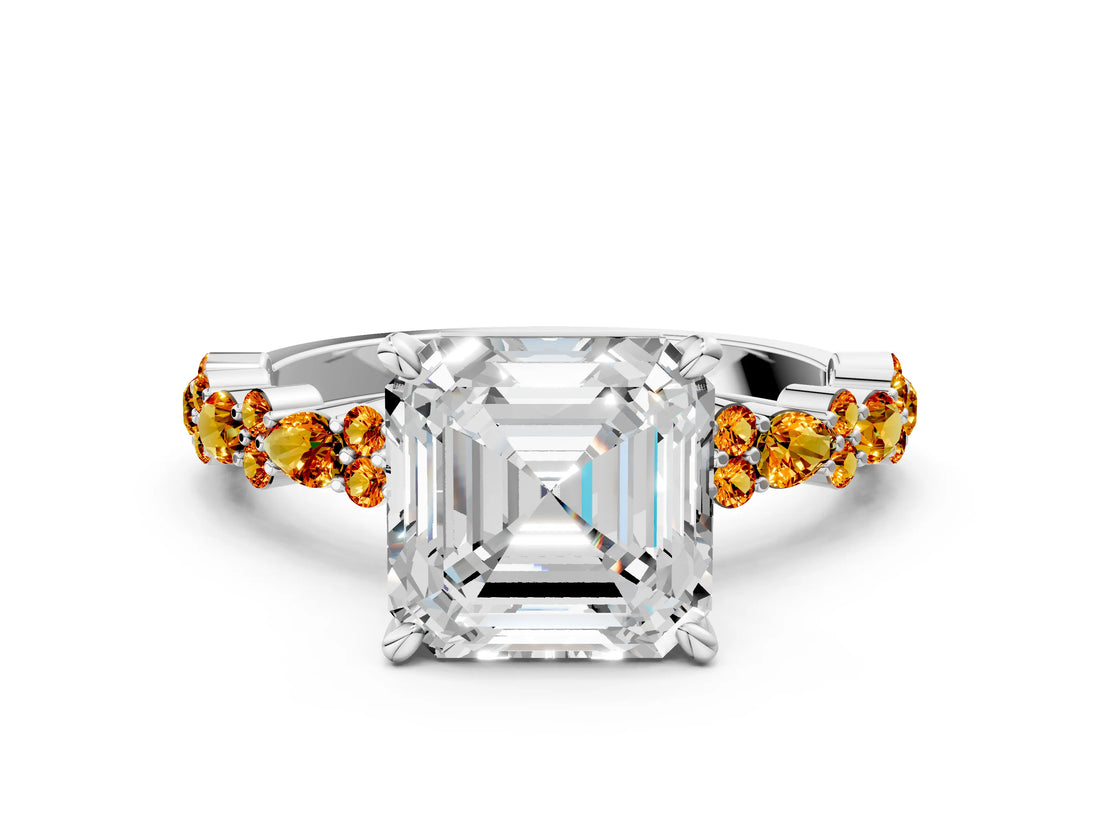 White gold Asscher Cut Diamond Side Stone Solitaire Ring with Round with Citrine side stone and Four-Prong Setting