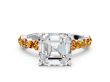 White gold Asscher Cut Diamond Side Stone Solitaire Ring with Round with Citrine side stone and Four-Prong Setting