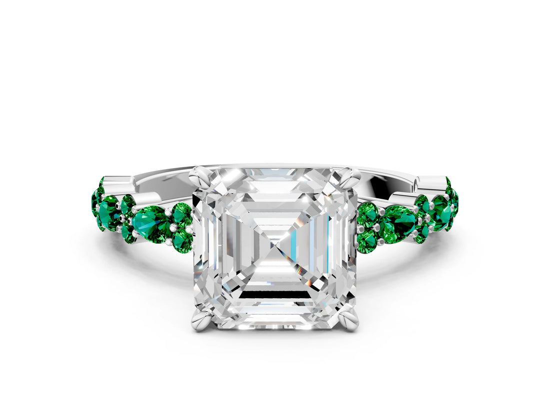 White gold Asscher Cut Diamond Side Stone Solitaire Ring with Round with Emerald side stone and Four-Prong Setting
