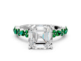 White gold Asscher Cut Diamond Side Stone Solitaire Ring with Round with Emerald side stone and Four-Prong Setting
