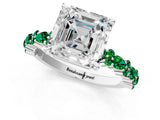 White gold Asscher Cut Diamond Side Stone Solitaire Ring with Round with Emerald side stone and Four-Prong Setting_1