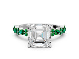 White gold Asscher Cut Diamond Side Stone Solitaire Ring with Round with Emerald side stone and Four-Prong Setting