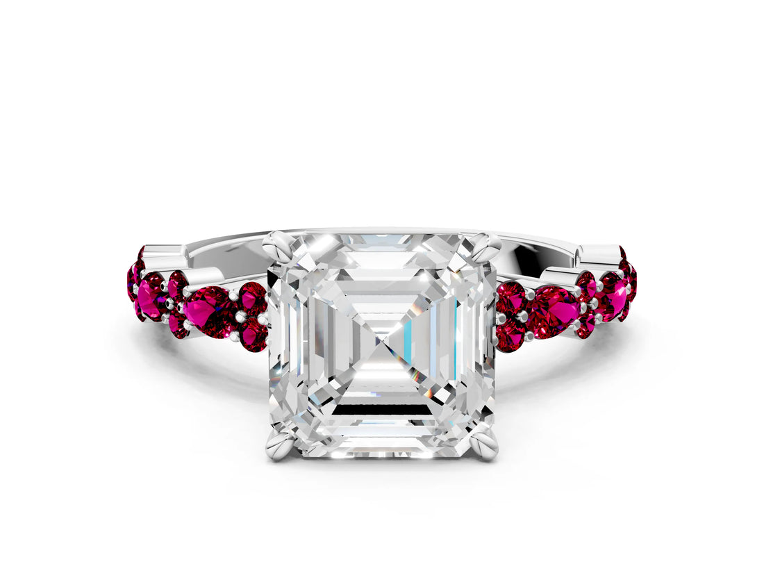 White gold Asscher Cut Diamond Side Stone Solitaire Ring with Round with Garnet side stone and Four-Prong Setting