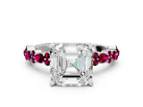 White gold Asscher Cut Diamond Side Stone Solitaire Ring with Round with Garnet side stone and Four-Prong Setting_12