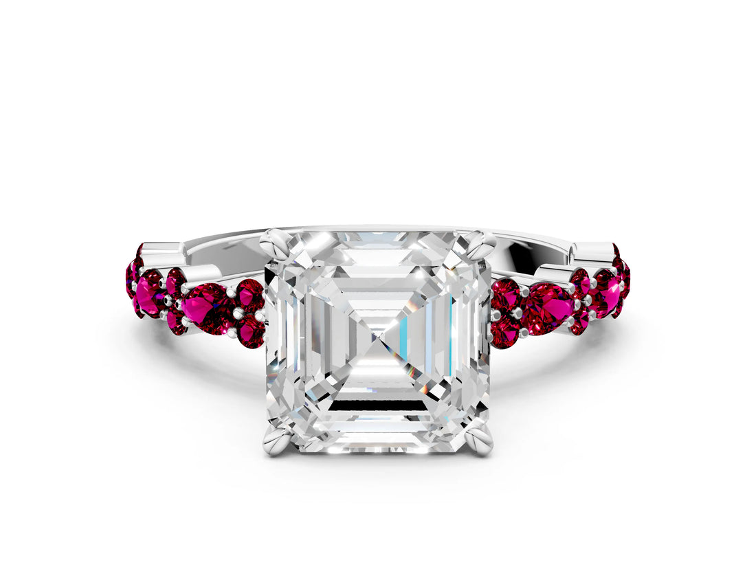 White gold Asscher Cut Diamond Side Stone Solitaire Ring with Round with Garnet side stone and Four-Prong Setting_6