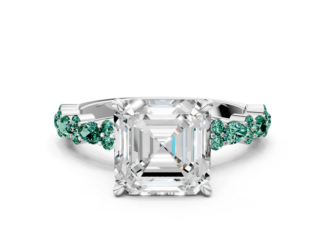 White gold Asscher Cut Diamond Side Stone Solitaire Ring with Round with Green Sapphire side stone and Four-Prong Setting