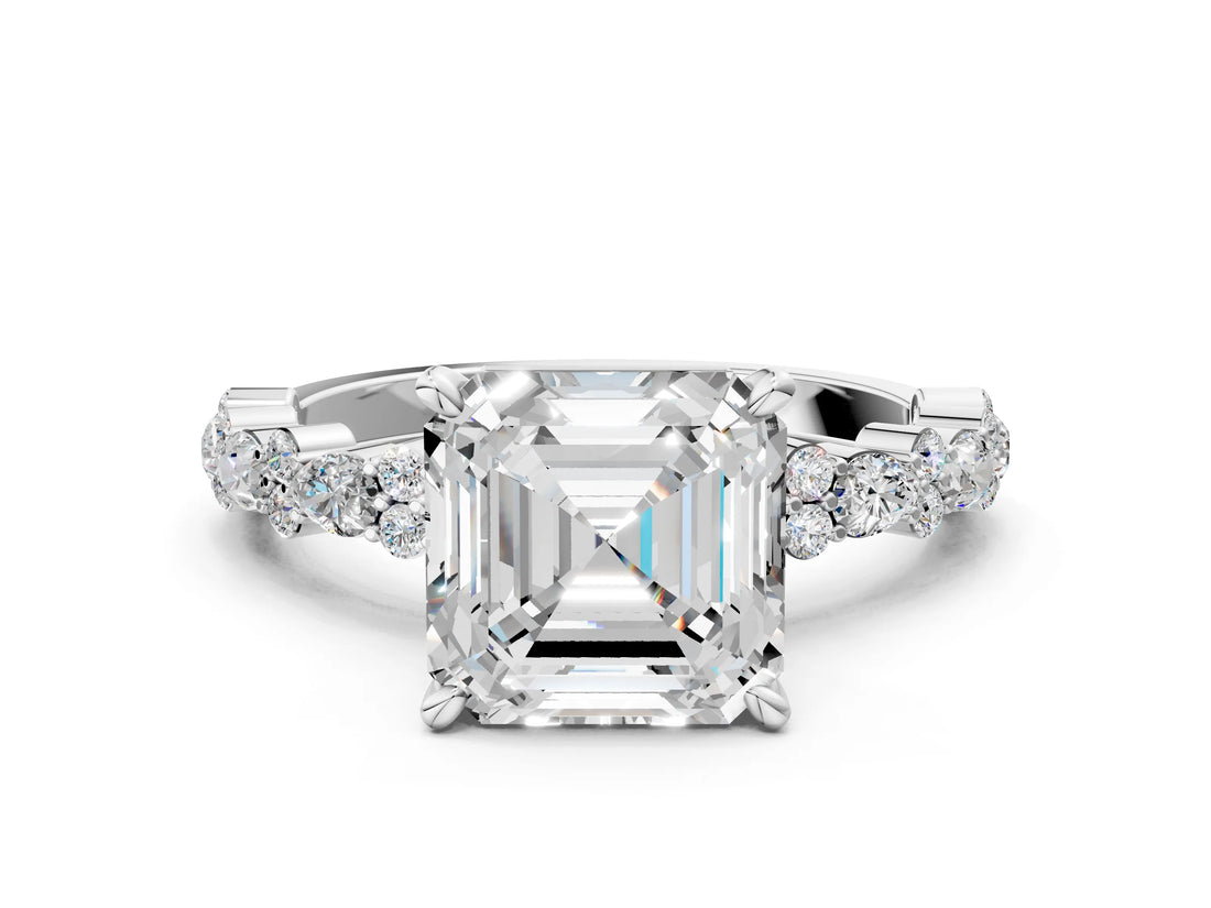 White gold Asscher Cut Diamond Side Stone Solitaire Ring with Round with Moissanite side stone and Four-Prong Setting