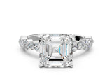 White gold Asscher Cut Diamond Side Stone Solitaire Ring with Round with Moissanite side stone and Four-Prong Setting_12