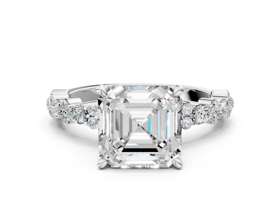 White gold Asscher Cut Diamond Side Stone Solitaire Ring with Round with Moissanite side stone and Four-Prong Setting