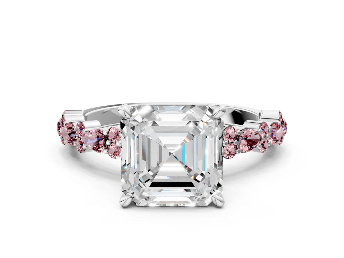 White gold Asscher Cut Diamond Side Stone Solitaire Ring with Round with Morganite side stone and Four-Prong Setting