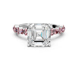 White gold Asscher Cut Diamond Side Stone Solitaire Ring with Round with Morganite side stone and Four-Prong Setting