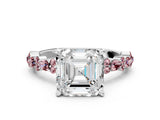 White gold Asscher Cut Diamond Side Stone Solitaire Ring with Round with Morganite side stone and Four-Prong Setting
