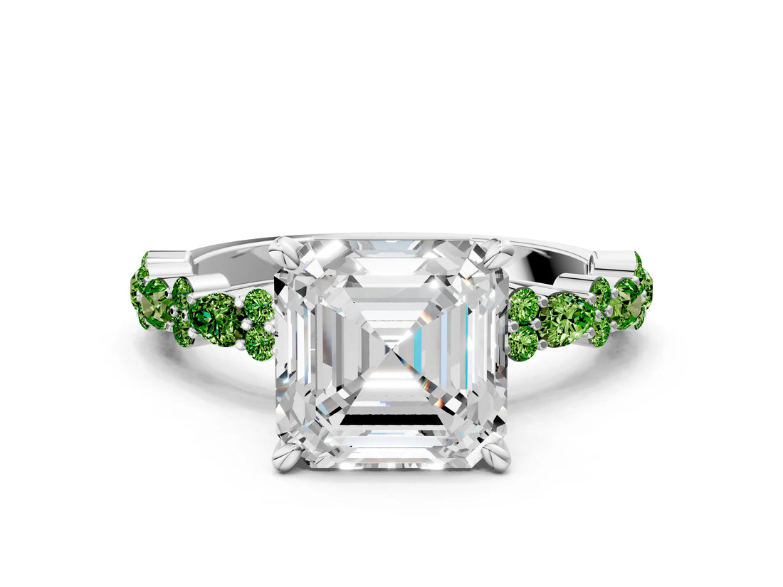 White gold Asscher Cut Diamond Side Stone Solitaire Ring with Round with Peridot side stone and Four-Prong Setting_12