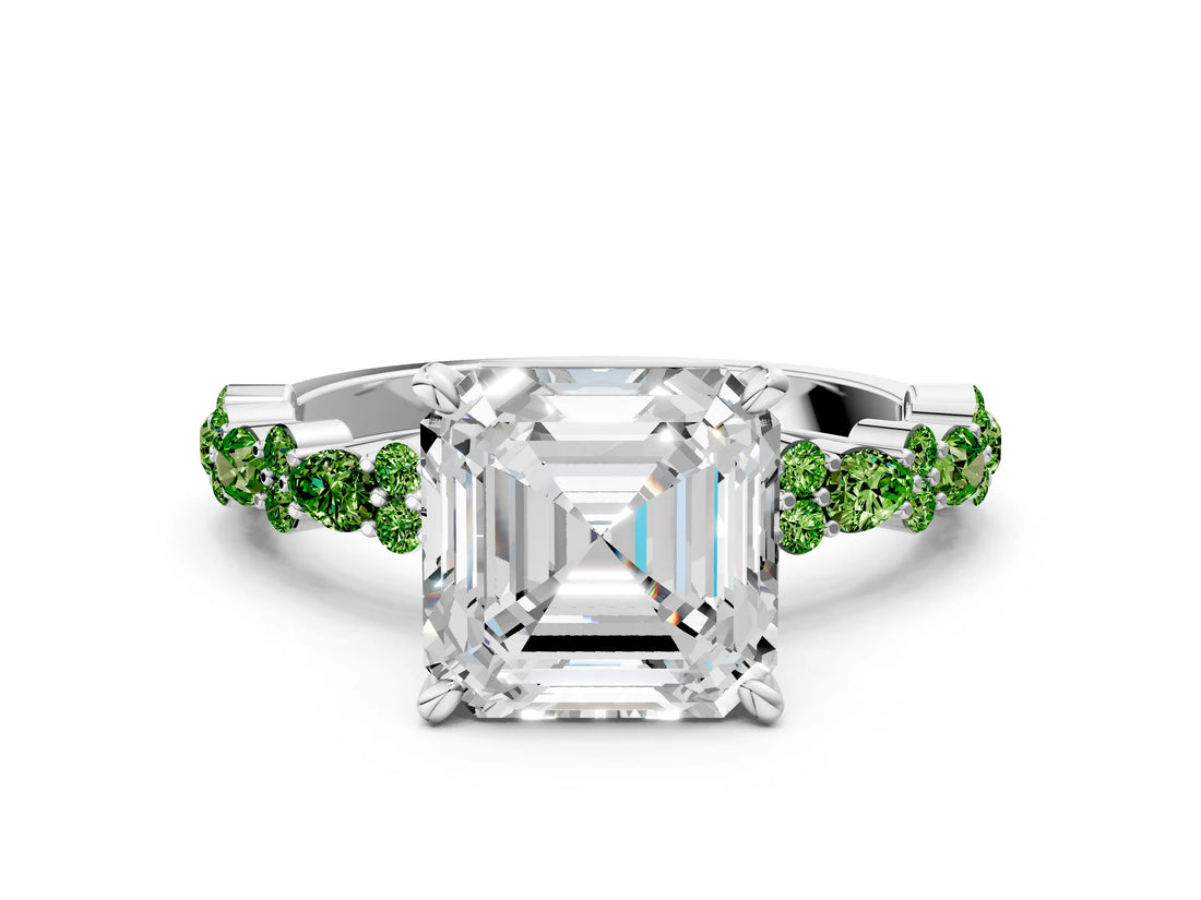 White gold Asscher Cut Diamond Side Stone Solitaire Ring with Round with Peridot side stone and Four-Prong Setting_12