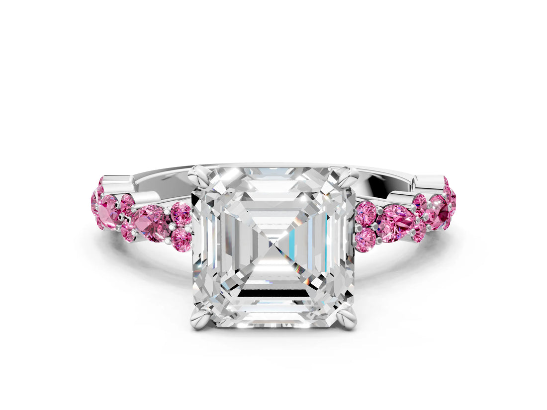 White gold Asscher Cut Diamond Side Stone Solitaire Ring with Round with Pink Sapphire side stone and Four-Prong Setting